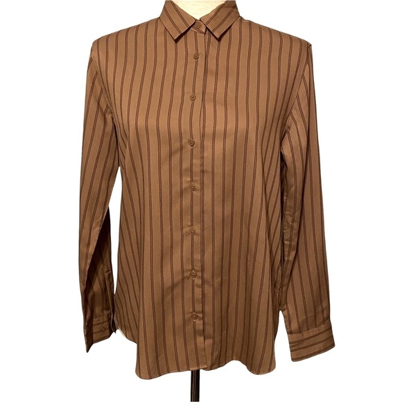 Uniqlo Brown Tan Striped Button Up Long‎ Sleeve Shirt Size XS Oversized - Picture 1 of 10